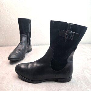 Born Moto Boots Sz 7 Black Leather Buckle Biker Midcalf Low Heel Comfort Booties